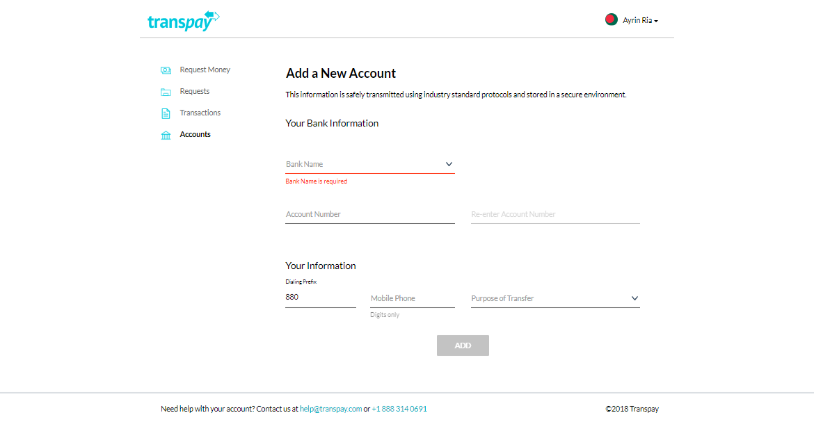 screencaptur - how to add your bank account to Transpay