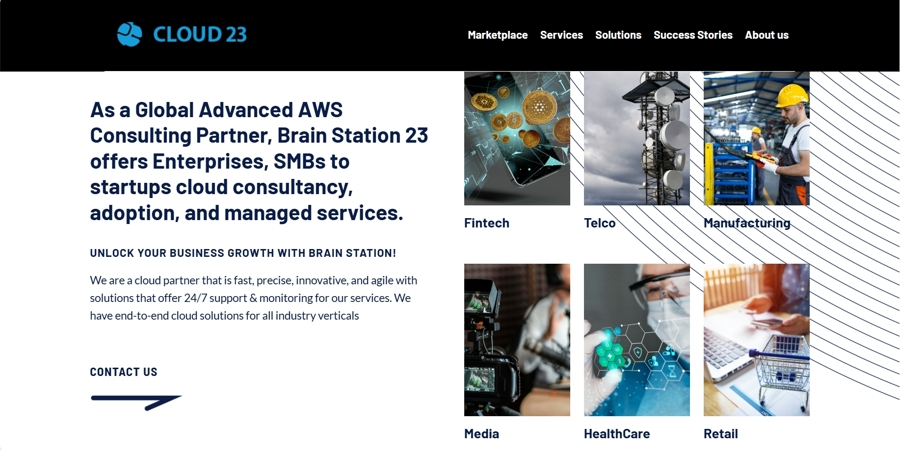 Cloud 23 web screenshot that shows some of the industries the company has worked in